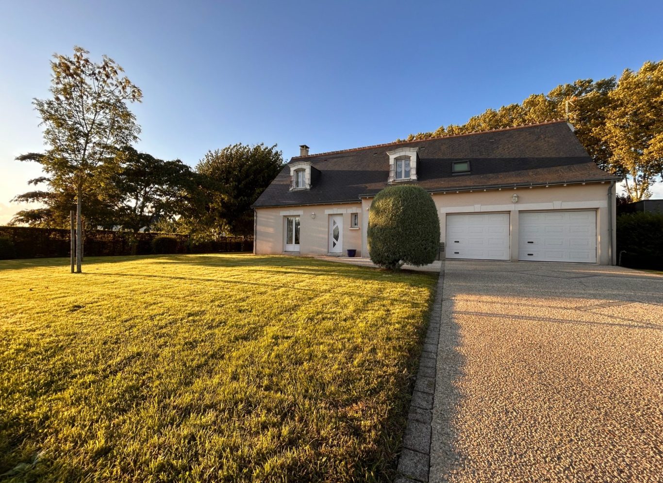 Une maison avec jardin, un arbre, sous un ciel bleu, dans un environnement calme.