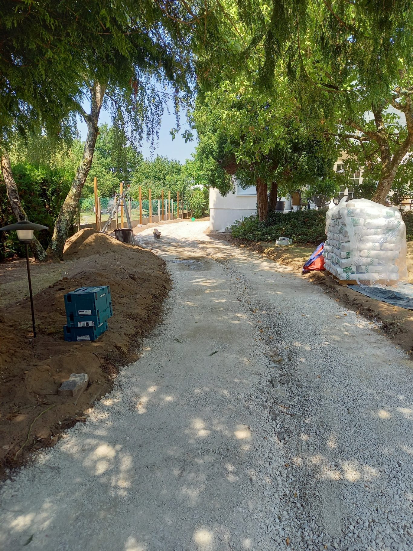 Fond de forme en calcaire Chemin en gravier avec des arbres et des travaux de construction autour.