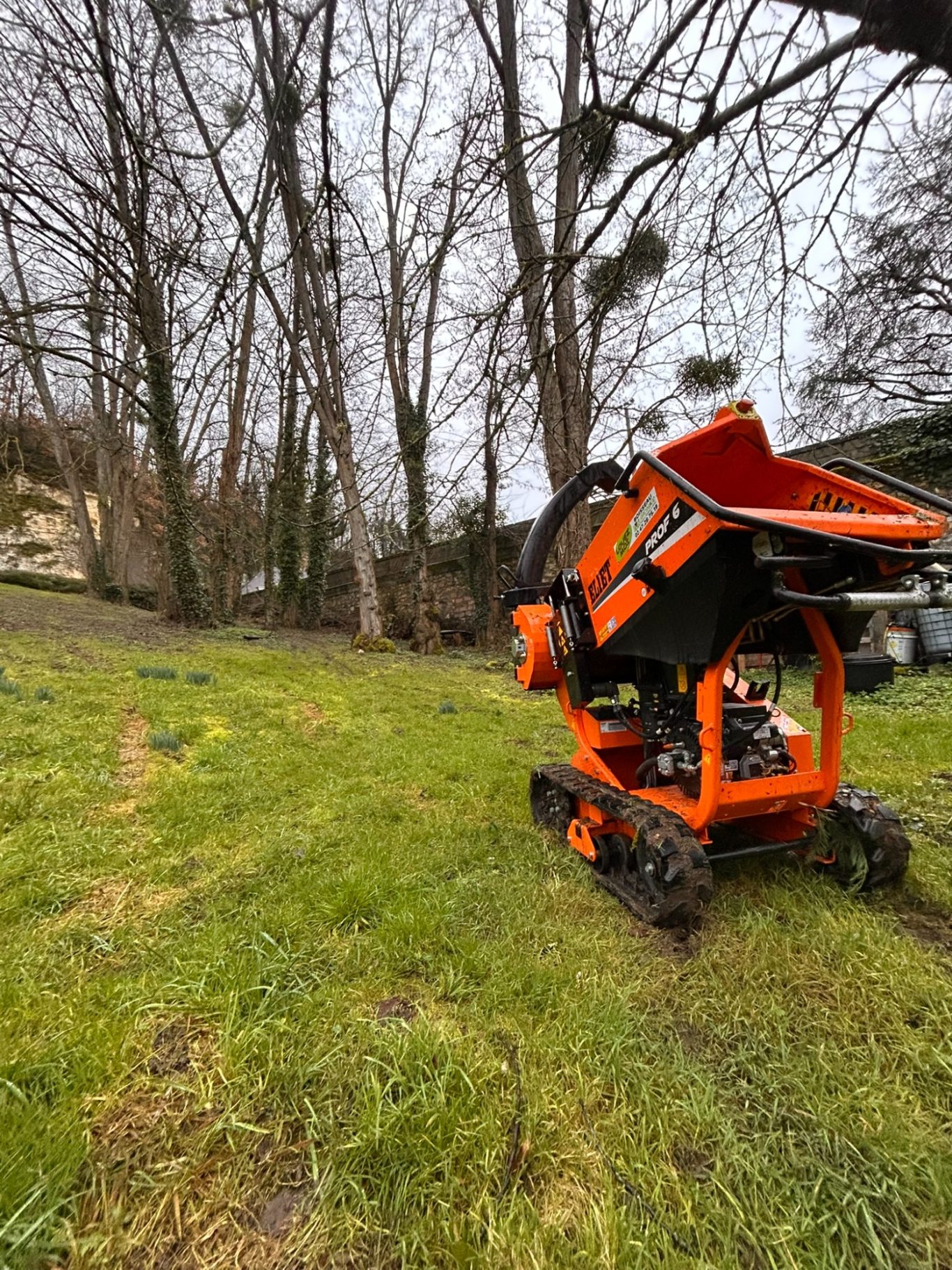 Broyeur de branche sur chenille Machine à déchiqueter sur un terrain avec des arbres en arrière-plan.