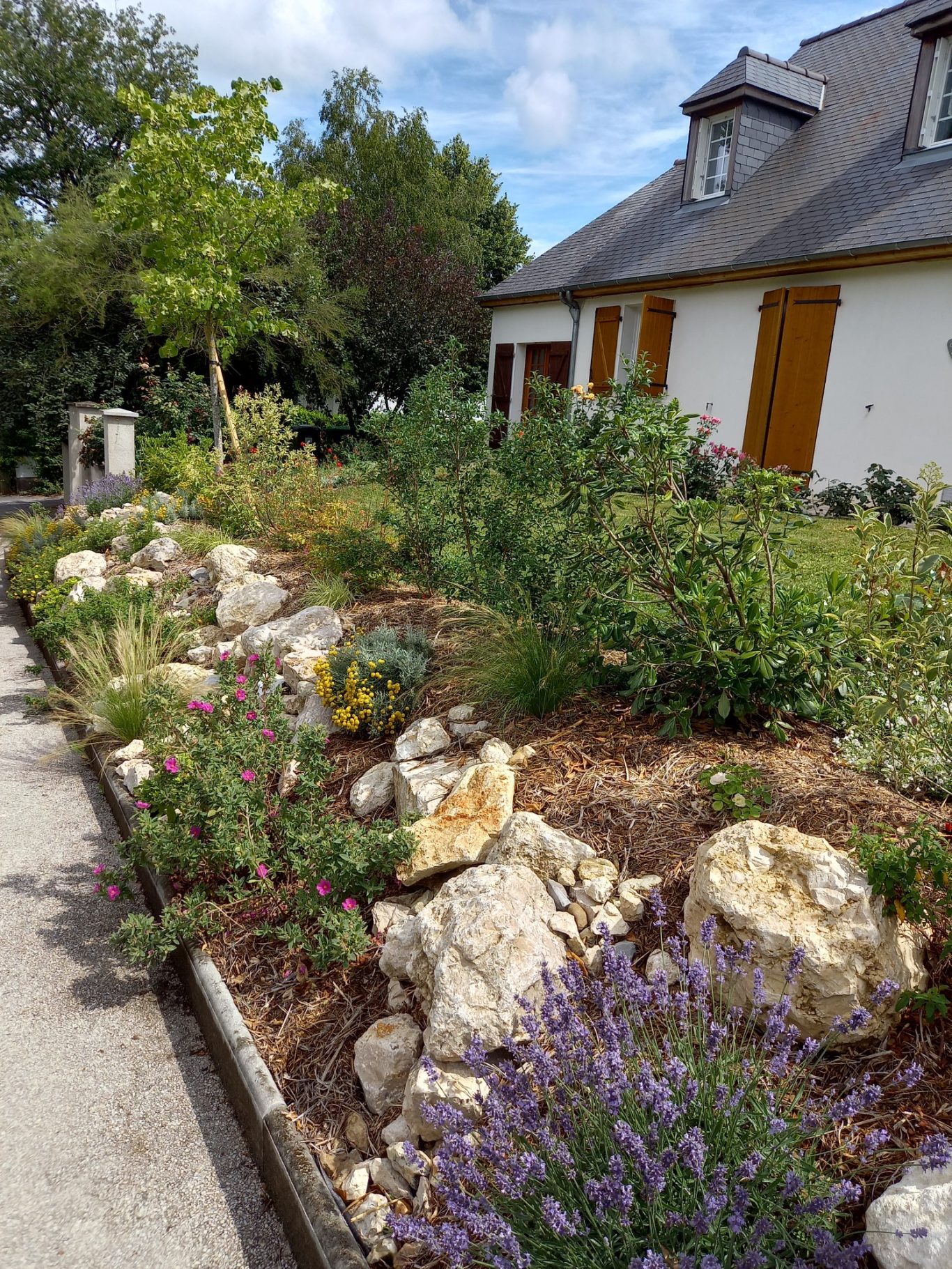 Rocaille végétalisée Jardin avec des fleurs colorées, pierres naturelles et une maison en arrière-plan.