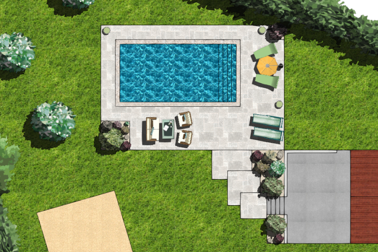 Vue aérienne d'une piscine avec chaises longues et espaces verts environnants.