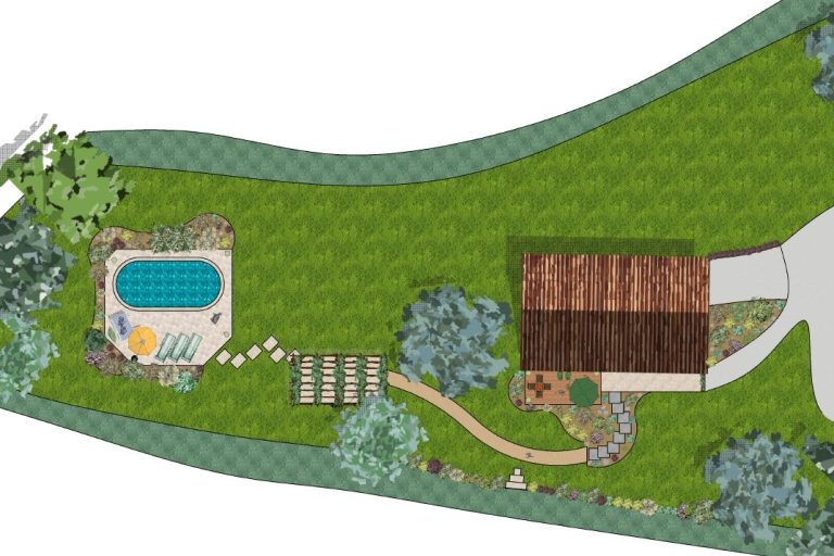 Plan de jardin avec piscine, allées et aménagements paysagers.